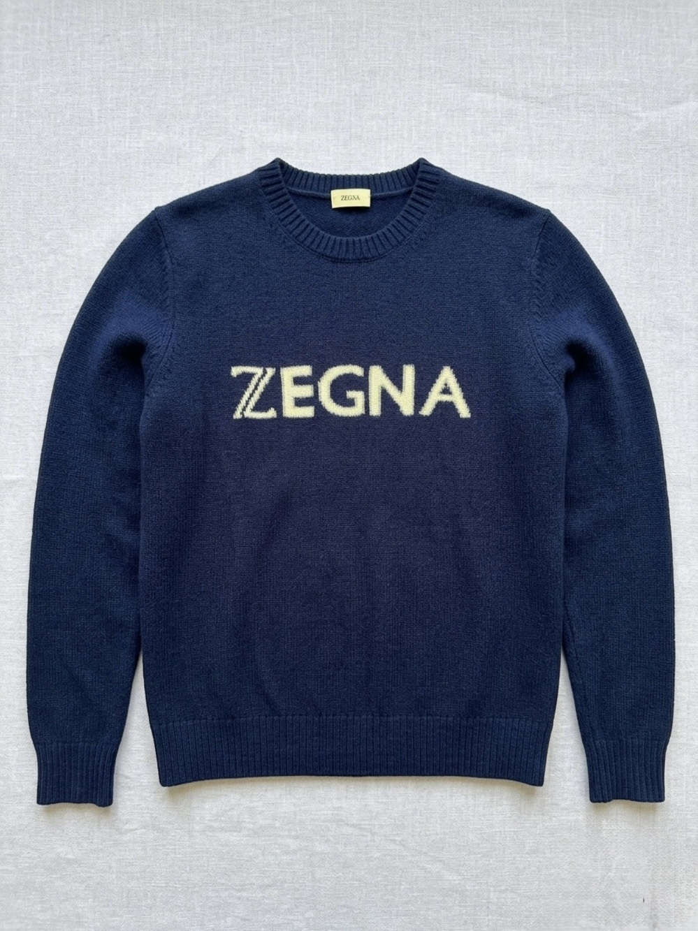 Zegna Navy Crewneck Logo Sweater for Men